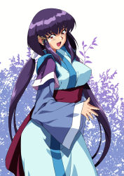 Rule 34 | 1990s (style), 1girl, absurdres, bnc (bunshi), breasts, hair ornament, highres, japanese clothes, large breasts, long hair, looking at viewer, masaki aeka jurai, medium breasts, open mouth, purple hair, red eyes, retro artstyle, sidelocks, smile, solo, tenchi muyou!, twintails, very long hair