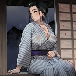 Rule 34 | 1girl, bath yukata, blush, breasts, character request, cleavage, closed mouth, collarbone, copyright request, covered erect nipples, hair bun, highres, ichiren takushou, japanese clothes, kimono, large breasts, looking afar, looking to the side, mature female, night, nipples, outdoors, pinstripe pattern, see-through, shouji, single hair bun, sitting, sky, sliding doors, striped clothes, striped kimono, tree, vertical stripes, yukata
