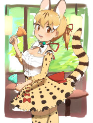Rule 34 | 1girl, animal ears, bell, belt, bow, bowtie, brown eyes, cat ears, cat girl, cat tail, extra ears, highres, instrument, kemono friends, kemono friends v project, kneehighs, large-spotted genet (kemono friends), long hair, looking at viewer, microphone, open mouth, ribbon, shirt, simple background, skirt, socks, solo, suspenders, tail, twintails, virtual youtuber, y0whqzz8bkslezl