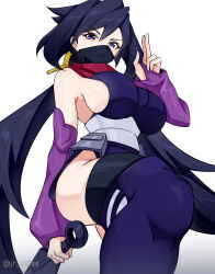 Rule 34 | 1girl, absurdres, ayame (gundam build divers), black hair, black mask, black thighhighs, boots, breasts, commentary, covered mouth, dagger, elbow gloves, english commentary, fingerless gloves, gloves, gundam, gundam build divers, hair ornament, highres, holding, holding dagger, holding knife, holding weapon, japanese clothes, jrpulse, kimono, knife, kunai, large breasts, long hair, looking at viewer, mask, mouth mask, ninja, ninja mask, purple eyes, red scarf, scarf, short kimono, sideboob, solo, split ponytail, thigh boots, thighhighs, twitter username, very long hair, weapon
