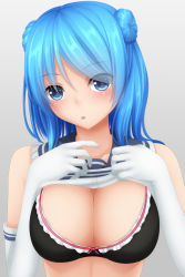 Rule 34 | 10s, 1girl, :o, bare shoulders, blue eyes, blue hair, blush, bra, breasts, cleavage, clothes lift, double bun, elbow gloves, frilled bra, frills, gloves, kantai collection, large breasts, long hair, looking at viewer, matching hair/eyes, open mouth, school uniform, serafuku, shirt, shirt lift, simple background, solo, tapisuke, underwear, upper body, urakaze (kancolle)