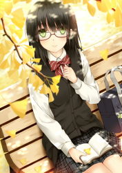 Rule 34 | 1girl, autumn, bad id, bad pixiv id, bag, bench, black hair, book, bow, bowtie, cardigan vest, dress shirt, ginkgo tree, glasses, green eyes, leaf, light smile, long sleeves, looking at viewer, morizono shiki, open book, original, outdoors, plaid, plaid skirt, pleated skirt, reading, red-framed eyewear, school bag, shirt, sitting, skirt, smile, solo, white shirt