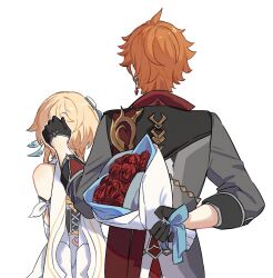 Rule 34 | 1boy, 1girl, ahoge, arm behind back, back, bare shoulders, black gloves, blonde hair, blue bow, bouquet, bow, cape, crying, crystal earrings, detached sleeves, dress, earrings, feather hair ornament, feathers, flower, genshin impact, gloves, grey jacket, hair flower, hair ornament, hand on another&#039;s head, hands up, hetero, highres, holding, holding bouquet, jacket, jewelry, long sleeves, lumine (genshin impact), meat7955, orange hair, red cape, red flower, red rose, red shirt, ribbon, rose, shirt, short hair, short hair with long locks, sidelocks, simple background, single earring, standing, tartaglia (genshin impact), white background, white dress, white flower, white ribbon