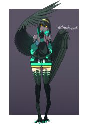 Rule 34 | 1girl, :3, absurdres, animal feet, animal hands, bird girl, bird wings, blush, bra, choker, claws, collar, ear piercing, earrings, feathered wings, feathers, finger to mouth, glowing, glowing eyes, glowing hair, green hair, harpy, headband, highres, index finger raised, jacket, jacket partially removed, jewelry, looking at viewer, medium hair, monster girl, original, piercing, purple background, scales, shorts, signature, solo, talons, toipokun oyashi, underwear, wings, yellow eyes, yellow shorts