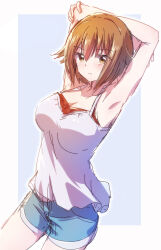 Rule 34 | 1girl, armpits, arms up, blue background, blue shorts, border, breasts, brown eyes, brown hair, camisole, closed mouth, crossed arms, dutch angle, grand blue, hair between eyes, hand on own elbow, highres, kotegawa chisa, large breasts, looking at viewer, nyaa (nnekoron), outside border, short hair, short shorts, shorts, simple background, sketch, solo, white border, white camisole