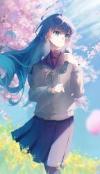 Rule 34 | 1girl, absurdres, ahoge, black pantyhose, black skirt, blue eyes, blue hair, blue sailor collar, blue skirt, blue sky, cardigan, cherry blossoms, closed mouth, day, floating hair, flower, highres, holding, long hair, long sleeves, maguri rei, neck ribbon, original, outdoors, pantyhose, parted lips, petals, pleated skirt, ribbon, sailor collar, school uniform, serafuku, skirt, sky, solo, standing, sweater, wind