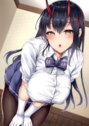 Rule 34 | 1girl, 3104 (3104milkshake), azur lane, black hair, black pantyhose, blue skirt, blush, bow, bowtie, breasts, button gap, collared shirt, gloves, hair between eyes, hair ornament, hands on own thighs, highres, horns, indoors, large breasts, leaning forward, long hair, looking at viewer, oni horns, open mouth, pantyhose, pleated skirt, purple bow, purple bowtie, ribbon, school uniform, shirt, sidelocks, skirt, solo, suzuya (azur lane), taut clothes, taut shirt, white gloves, white shirt, yellow eyes