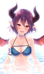 Rule 34 | 1girl, :d, bare shoulders, bikini, blue bikini, blush, breasts, choker, cleavage, commentary request, dragon girl, dragon horns, dragon wings, granblue fantasy, grea (shingeki no bahamut), hair between eyes, head tilt, highres, horns, large breasts, looking at viewer, manaria friends, navel, open mouth, partially submerged, pointy ears, purple hair, red eyes, red wings, round teeth, shingeki no bahamut, short hair, smile, solo, swimsuit, teeth, tomo (tmtm mf mf), upper teeth only, water, wet, wet hair, white background, white choker, wings