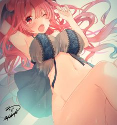 Rule 34 | 1girl, armpits, babydoll, bare arms, black babydoll, bottomless, breasts, chromatic aberration, cropped, head wings, koakuma, large breasts, long hair, looking at viewer, lying, natsuki (ukiwakudasai), navel, on back, one eye closed, open mouth, red eyes, red hair, solo, touhou, wavy hair, wings