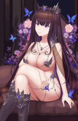 Rule 34 | 1girl, absurdres, artist request, bad id, bad pixiv id, bare shoulders, black thighhighs, blue butterfly, breasts, brown hair, bug, butterfly, cleavage, crossed legs, flower, gem, highres, indoors, insect, jewelry, large breasts, long hair, necklace, original, purple eyes, revealing clothes, rinmmo, sitting, solo, thighhighs, thighs