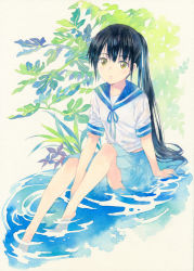 Rule 34 | 1girl, agahari, barefoot, black hair, blue ribbon, blue sailor collar, blue skirt, calligraphy brush (medium), closed mouth, colored pencil (medium), commentary request, highres, leaf, long hair, looking at viewer, neck ribbon, original, pleated skirt, ponytail, ribbon, sailor collar, shirt, short sleeves, sitting, skirt, soaking feet, solo, traditional media, very long hair, water, white shirt, yellow eyes