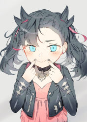 Rule 34 | 1girl, aqua eyes, asymmetrical bangs, black choker, black hair, black jacket, black nails, blush, choker, closed mouth, creatures (company), dress, earrings, fingers to mouth, fingersmile, game freak, grey background, hair ribbon, highres, hiroshiko (restart), index finger raised, jacket, jewelry, long hair, long sleeves, looking at viewer, marnie (pokemon), nail polish, nintendo, open clothes, open jacket, pink dress, pokemon, pokemon swsh, red ribbon, ribbon, simple background, single earring, smile, solo, twintails, upper body
