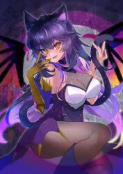Rule 34 | 1girl, animal ears, artist request, cat ears, cat girl, cat tail, choker, dragon, dragon girl, dragon wings, gloves, highres, indie virtual youtuber, jewelry, kimochi (vtuber), long hair, looking at viewer, monster girl, multicolored hair, necklace, open mouth, purple hair, simple background, single glove, tail, thighs, virtual youtuber, wings, yellow eyes