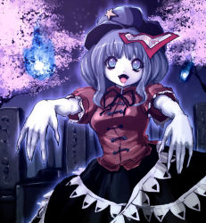 Rule 34 | 1girl, blue eyes, blue hair, blush, breasts, cherry blossoms, emudoru, fangs, female focus, grave, graveyard, hat, hitodama, jiangshi, miyako yoshika, ofuda, open mouth, outstretched arms, short hair, skirt, star (symbol), tombstone, touhou, zombie pose