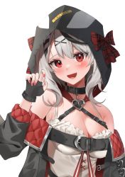 Rule 34 | 1girl, :d, ahoge, atora, bare shoulders, black coat, black gloves, black hair, blush, bow, braid, breasts, buckle, camisole, cleavage, coat, collar, fang, fingerless gloves, gloves, hair ornament, hairclip, heart, highres, hololive, hood, hood up, long hair, long sleeves, looking at viewer, medium breasts, multicolored hair, nail polish, off shoulder, open clothes, open coat, open mouth, plaid, plaid bow, red bow, red eyes, red nails, sakamata chloe, sakamata chloe (1st costume), silver hair, simple background, smile, solo, two-tone hair, upper body, virtual youtuber, white background, x hair ornament