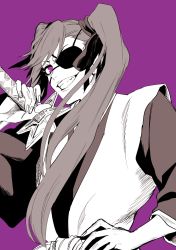 Rule 34 | 1girl, bleach, bleach: sennen kessen-hen, eyepatch, grin, hair between eyes, hand on own hip, hand on own hip, highres, holding, japanese clothes, jewelry, katana, koh (kkh2666), long hair, long sleeves, looking at viewer, purple background, purple eyes, saitou furoufushi, shinigami, simple background, smile, solo, sword, twintails, weapon