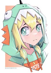 Rule 34 | 1girl, amano pikamee, artist name, bakedmochi, blonde hair, border, bright pupils, commentary, cropped torso, crying, dinosaur hood, drawstring, english commentary, frown, green eyes, green hair, green hoodie, hair between eyes, hair over shoulder, highres, hood, hoodie, looking at viewer, low twintails, multicolored hair, orange background, short hair, solo, twintails, two-tone hair, virtual youtuber, voms, white background, white border, white pupils
