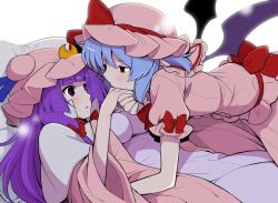 Rule 34 | 2girls, bat wings, blue hair, blue ribbon, blush, bow, crescent, eichi yuu, hair bow, hat, hat bow, hat ribbon, kiss, kissing hand, long hair, looking at another, lying, mob cap, multiple girls, on back, open mouth, patchouli knowledge, pillow, pink hat, pointy ears, purple eyes, purple hair, red bow, red ribbon, remilia scarlet, ribbon, short hair, short sleeves, surprised, touhou, white background, wide sleeves, wings, yuri