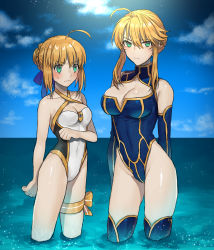 Rule 34 | 2girls, absurdres, ahoge, arm behind back, artoria pendragon (all), artoria pendragon (fate), artoria pendragon (lancer) (fate), artoria pendragon (swimsuit archer) (fate), artoria pendragon (swimsuit archer) (third ascension) (fate), blonde hair, blue ribbon, blue sky, blush, braid, breast envy, breasts, cleavage, clod, covered navel, fate (series), french braid, green eyes, groin, highres, large breasts, multiple girls, none (kameko227), ocean, ribbon, saber (fate), sidelocks, sky, small breasts, sweatdrop, thighhighs, thighs, wading