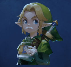 Rule 34 | 1boy, blonde hair, blue background, blue eyes, bottle, closed mouth, commentary, dark, english commentary, food, food on face, green hat, green shirt, hat, holding, link, looking at viewer, male focus, milk, milk bottle, milk mustache, na (oagenosuke), nintendo, pointy ears, shirt, short sleeves, solo, sword, the legend of zelda, upper body, weapon, weapon on back