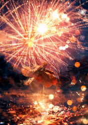 Rule 34 | 1girl, aerial fireworks, blurry, bokeh, bow, brown eyes, commentary request, depth of field, detached sleeves, dress, fireworks, from side, hair bow, hakurei reimu, light particles, long hair, night, red bow, red dress, red footwear, reflection, reflective water, shoes, solo, standing, standing on one leg, toho sweet, touhou, wide sleeves