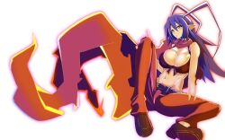 Rule 34 | 1girl, antenna hair, bare shoulders, belt, bikini, bikini top only, blue hair, breasts, cleavage, disgaea, disgaea d2, exa1018, full body, genderswap, genderswap (mtf), hair between eyes, huge antenna hair, laharl-chan, large breasts, long hair, looking at viewer, navel, pants, pointy ears, pursed lips, red eyes, red pants, red scarf, scarf, simple background, solo, spiked hair, swimsuit, torn clothes, torn pants, torn scarf, very long hair, white background