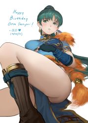 Rule 34 | 1girl, blush, boots, commentary, dated, earrings, elbow gloves, england, english commentary, fingerless gloves, fire emblem, fire emblem: the blazing blade, fire emblem heroes, gloves, green eyes, green hair, happy birthday, highres, jewelry, kneehighs, long hair, lyn (fire emblem), nintendo, pelvic curtain, qosic, reclining, socks, solo, thighs
