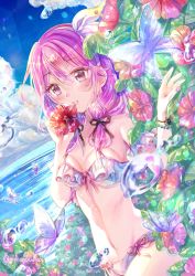 Rule 34 | 1girl, bikini, black bow, blush, bow, bracelet, bug, butterfly, cheria barnes, cloud, cowboy shot, day, dutch angle, flower, hair bow, hair over shoulder, hibiscus, highres, holding, holding flower, bug, jewelry, mihayuuno, nail polish, pink bow, pink hair, pink nails, purple eyes, short hair, sky, solo, summer, swimsuit, tales of (series), tales of graces, twintails, twitter username, water