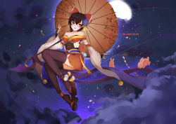 Rule 34 | 1girl, above clouds, absurdres, alternate costume, alternate hairstyle, bare shoulders, black thighhighs, blush, bow, breasts, bridal gauntlets, brown skirt, cherry blossoms, cleavage, cloud, detached sleeves, flower, flying, full body, geta, gohei, hair bow, hair flower, hair ornament, hakurei reimu, highres, japanese clothes, kimono, kimono skirt, looking at viewer, medium breasts, miniskirt, night, night sky, obi, off shoulder, oil-paper umbrella, petals, rabbit, red bow, ribbon-trimmed sleeves, ribbon trim, sash, skirt, sky, solo, sunshine (1638509769), thighhighs, touhou, umbrella, wide sleeves, zettai ryouiki