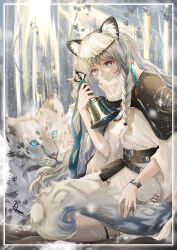 Rule 34 | 1girl, absurdres, animal, animal ears, arknights, bell, blue eyes, blue ribbon, braid, breasts, bright pupils, cloak, dress, forest, grey hair, grey thighhighs, hair ornament, highres, holding, holding bell, indoors, jewelry, kawausoman, kjerag logo, leopard ears, leopard girl, leopard tail, long hair, long sleeves, nature, necklace, pramanix (arknights), ribbon, side braids, signature, sitting, small breasts, snow leopard, snowing, solo, sun, sunlight, sunrise, tail, thighhighs, tiara, turtleneck, watch, white dress, white hair, white pupils, winter, wristwatch