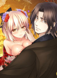 Rule 34 | 10s, 1boy, 1girl, black bow, blush, bow, breasts, brown eyes, brown hair, cleavage, collarbone, crossover, drifters, eyeshadow, fate/grand order, fate (series), floral print, gradient background, hair between eyes, hair bow, hair ornament, hand on another&#039;s chest, hand on own cheek, hand on own face, hatori mia, head tilt, highres, hijikata toshizou (drifters), kanzashi, koha-ace, leaf, looking at viewer, looking back, makeup, maple leaf, medium breasts, off shoulder, okita souji (fate), okita souji (koha-ace), short hair, silhouette, yellow eyes