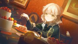 Rule 34 | 1girl, absurdres, alcohol, blonde hair, cake, champagne, champagne flute, closed mouth, cup, drinking glass, food, fork, green eyes, highres, holding, holding fork, indoors, light smile, long sleeves, looking at viewer, macaron, original, oyuyu, short hair, sitting, smile, strawberry shortcake
