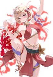 Rule 34 | 1girl, absurdres, arm ribbon, arm up, armlet, bare shoulders, belly chain, blonde hair, blush, bow, breasts, commentary request, crop top, dancer, hair bow, hand up, harem outfit, highres, jewelry, knee up, large breasts, loincloth, looking at viewer, lycoris recoil, midriff, navel, nishikigi chisato, orange eyes, pharmarr, purple ribbon, red bow, ribbon, short hair, smile, solo, standing, standing on one leg, stomach, thigh strap, thighs, white background