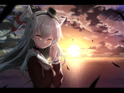 Rule 34 | 10s, 1girl, amatsukaze (kancolle), backlighting, black feathers, blurry, blush, brown eyes, brown shirt, depth of field, dress, dress shirt, feathers, grin, hairband, hand in own hair, hat, highres, kantai collection, letterboxed, long hair, long sleeves, looking at viewer, matanonki, mini hat, parted lips, sailor dress, school uniform, serafuku, shirt, silver hair, smile, solo, sunset, teeth, twintails, two side up, upper body