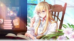 Rule 34 | 1boy, ahoge, blonde hair, blue eyes, book, book stack, chair, closed mouth, cup, curtains, drawing (object), elf, flower, glasses, grand chase, hair between eyes, holding, holding cup, kassias grandiel, leaf, long hair, long sleeves, male focus, official art, open book, open collar, photo (object), picture frame, pointy ears, popped collar, reading, shirt, smile, solo, table, teacup, third-party source, transparent curtains, upper body, white flower, white shirt, window, wooden wall