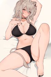 Rule 34 | 1girl, absurdres, animal ears, arm up, barefoot, black bra, black choker, black panties, bra, breasts, choker, cleavage, closed mouth, ear piercing, feet, foot out of frame, grey eyes, grey hair, hair between eyes, hand on own chest, highres, hololive, knee up, large breasts, legs, lion ears, lion tail, looking at viewer, nail polish, navel, on bed, panties, partially visible vulva, piercing, shishiro botan, smile, solo, stomach, tail, toenail polish, toenails, toes, underwear, varniskarnis, virtual youtuber