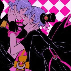 Rule 34 | 10s, 2boys, :p, bad id, bad pixiv id, beppu akihiko, beppu haruhiko, binan koukou chikyuu bouei-bu love!, blue hair, boots, brothers, checkered background, eyebrows, hat, imminent kiss, incest, looking at viewer, magical boy, male focus, mini hat, mini top hat, multiple boys, patterned background, pink eyes, red eyes, siblings, smile, tongue, tongue out, top hat, twincest, twins, uki001, wrist cuffs, yaoi