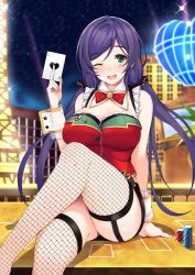 Rule 34 | 10s, 1girl, bare shoulders, blush, breasts, card, cleavage, detached collar, fang, female focus, green eyes, huge breasts, long hair, looking at viewer, love live!, love live! school idol festival, love live! school idol project, one eye closed, open mouth, playing card, ponkotsu (ayarosu), purple hair, sitting, smile, solo, thighhighs, tojo nozomi, twintails, wrist cuffs