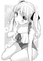 Rule 34 | 1girl, anchor symbol, arm support, bare arms, bare shoulders, blush, bow, casual one-piece swimsuit, character request, collarbone, greyscale, hair bow, hand up, highres, ice cream kanojo, kuune rin, long hair, looking at viewer, monochrome, one-piece swimsuit, parted lips, sitting, solo, swimsuit, twintails, yokozuwari
