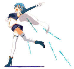 Rule 34 | 10s, 1girl, ass, blue eyes, blue hair, breasts, cape, fang, fortissimo, gloves, hair ornament, hairclip, highres, magical girl, mahou shoujo madoka magica, mahou shoujo madoka magica (anime), matching hair/eyes, miki sayaka, musical note, musical note hair ornament, outstretched arm, panties, pantyshot, pointing, ruiten, short hair, solo, thighhighs, underwear, walking, white gloves, white thighhighs