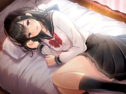 Rule 34 | 1girl, bed, bed sheet, black hair, black sailor collar, black skirt, black socks, blush, bow, breasts, collarbone, commentary, grey eyes, hair between eyes, highres, indoors, kneehighs, looking at viewer, lying, medium hair, noda shuha, on bed, on side, open mouth, original, pillow, pleated skirt, red bow, sailor collar, school uniform, serafuku, shirt, skirt, small breasts, socks, solo, symbol-only commentary, white shirt
