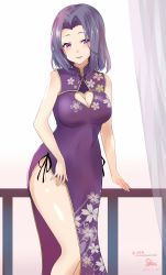 Rule 34 | 1girl, breasts, china dress, chinese clothes, cleavage, cleavage cutout, clothing cutout, commentary request, dress, highres, kantai collection, looking at viewer, parted lips, purple dress, purple eyes, purple hair, saku (kudrove), short hair, sidelocks, signature, smile, solo, standing, tatsuta (kancolle), thigh cutout, thighs