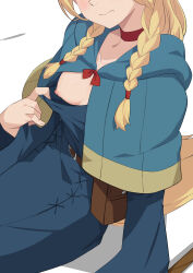 Rule 34 | 1girl, blonde hair, blue capelet, braid, breasts, capelet, choker, closed mouth, dungeon meshi, head out of frame, highres, long hair, marcille donato, medium breasts, morisobo, nipples, one breast out, red choker, simple background, sitting, solo, twin braids, white background