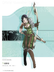 Rule 34 | 1girl, absurdres, armor, arrow (projectile), bare shoulders, black eyes, black hair, book, boots, breasts, brown footwear, brown gloves, character name, circlet, cleavage, cleavage cutout, clothing cutout, feather hair ornament, feathers, fire emblem, fire emblem awakening, full body, gloves, green pants, hair ornament, highres, holding, holding book, holding weapon, knee boots, kozaki yuusuke, medium breasts, nintendo, noire (fire emblem), official art, pants, parted bangs, quiver, short hair, simple background, sleeveless, solo, weapon