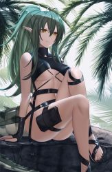 Rule 34 | 1girl, antenna hair, arknights, arm support, bare arms, bare legs, bare shoulders, black gloves, black nails, blitzkrieg (index unknown), breasts, commentary, fingerless gloves, gavial (arknights), gloves, green hair, hair between eyes, highres, knee up, long hair, looking at viewer, medium breasts, nail polish, navel, official alternate costume, pointy ears, pouch, solo, stomach, thigh strap, thighs, yellow eyes