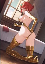 Rule 34 | 1girl, alternate costume, arched back, arm behind back, ass, back, backless leotard, bed, blush, bob cut, boots, breasts, cluseller, commission, curled fingers, dutch angle, earrings, elbow gloves, from behind, gem, gloves, gold footwear, gold leotard, half-closed eyes, headpiece, high-waist sideboob, high heel boots, high heels, highleg, highleg leotard, highres, huge ass, indoors, jewelry, large breasts, leaning forward, leotard, leotard pull, looking at viewer, looking back, median furrow, pyra (xenoblade), red eyes, red hair, short hair, shoulder blades, sideboob, skeb commission, solo, strapless, strapless leotard, swept bangs, thighs, thong leotard, tiara, wainscoting, wallpaper (object), wedgie, window, xenoblade chronicles (series), xenoblade chronicles 2