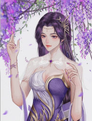 Rule 34 | 1girl, absurdres, blush, closed mouth, dress, earrings, falling leaves, flower, hair ornament, highres, jewelry, leaf, long hair, looking to the side, purple dress, purple eyes, purple hair, second-party source, smile, solo, upper body, wanmei shijie, white background, wisteria, yun xi (wanmei shijie)