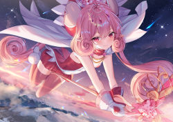 Rule 34 | 1girl, absurdres, blush, breasts, cape, center opening, dress, elf, hat, highres, huge filesize, long hair, looking at viewer, mittens, neneka (princess connect!), pink eyes, pink hair, pink hat, pointy ears, princess connect!, puffy shorts, red dress, red shorts, red thighhighs, shanguier, short dress, shorts, small breasts, solo, thighhighs, thighs, twintails, very long hair, white cape, white mittens