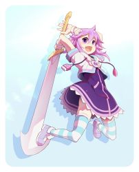 Rule 34 | 10s, 1girl, absurdres, d-pad, dress, female focus, hair ornament, highres, hood, hoodie, neptune (neptunia), neptune (series), open mouth, purple eyes, purple hair, segamark, short hair, solo, striped clothes, striped thighhighs, sword, thighhighs, weapon