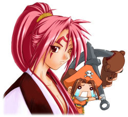 Rule 34 | 2girls, anchor, arc system works, baiken, breasts, chibi, cleavage, guilty gear, hat, japanese clothes, kimono, large breasts, long hair, may (guilty gear), multiple girls, o o, one-eyed, orange hat, orange shirt, pink hair, ponytail, red eyes, red hair, scar, scar across eye, scar on face, shirt, stuffed animal, stuffed toy, tears, teddy bear, white background